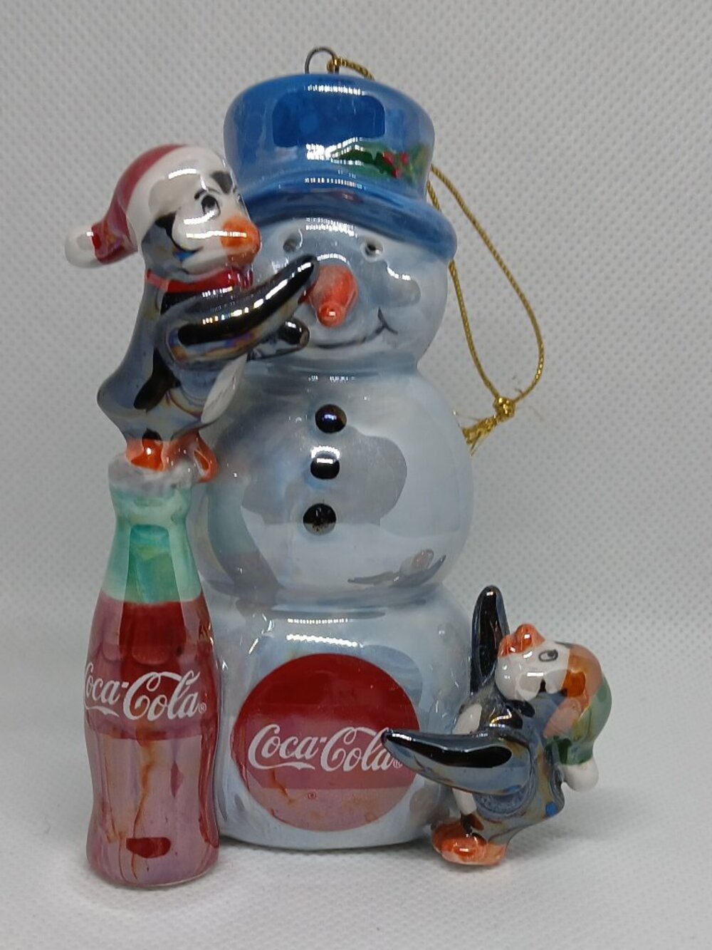 2003 Coca-Cola Company Coke Pearlescent Porcelain Snowman with Penguins & Soda